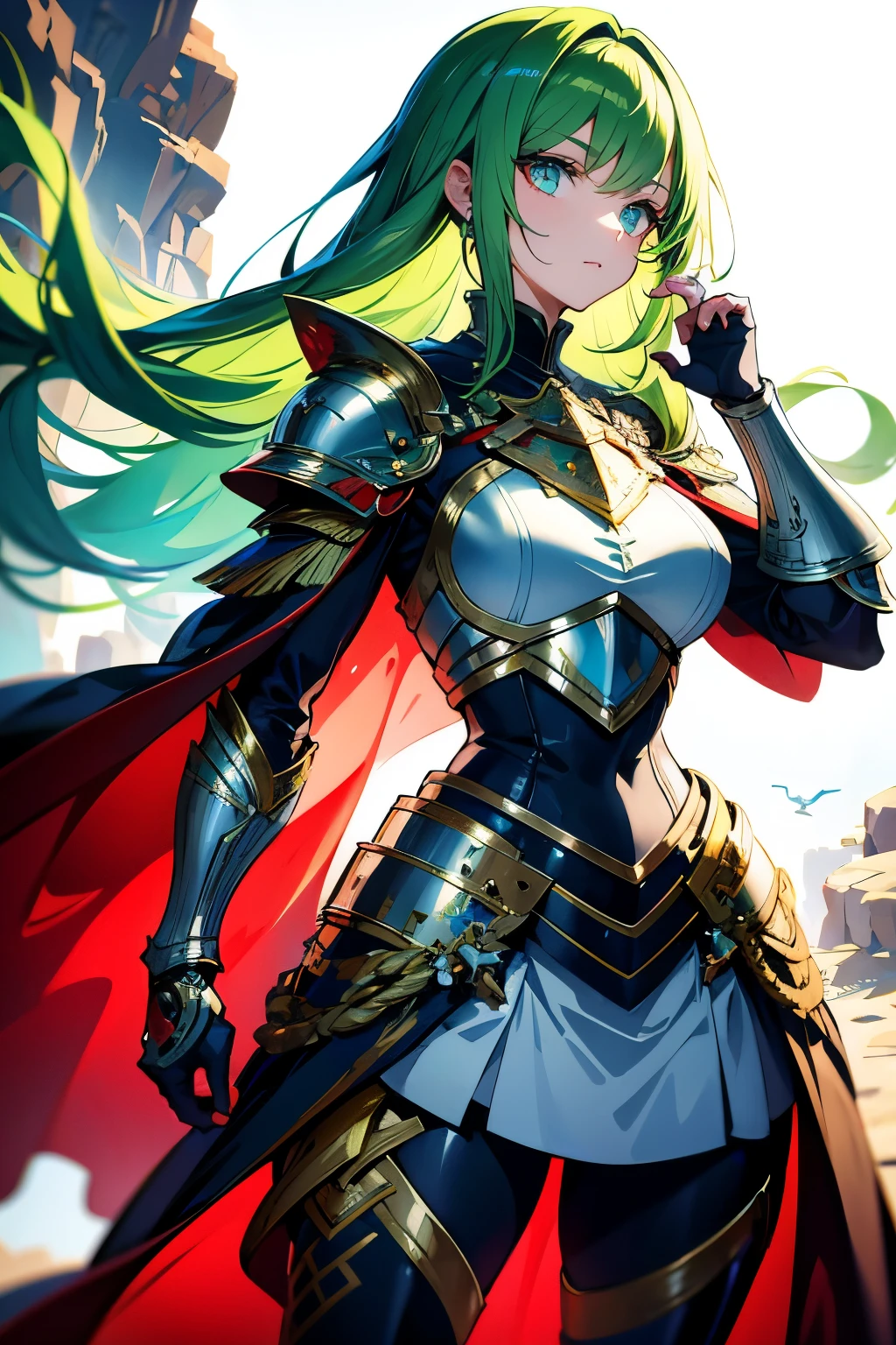 Anime style, In the realm of anime, a 27-year-old woman with a distinctive appearance stands out. Her hair, a vibrant green, is adorned with small bars, adding a unique touch to her style. She is clad in heavy armor, a silvery suit that gleams under the light, with intricate red detailing, creating a visually striking contrast. The armor includes greaves and plates, each piece meticulously crafted and polished to perfection. Over her shoulder, a flowing red cloak, catching the wind and fluttering, while her eyes, as red as her cloak, glow with an unknown intensity. With this dazzling sight,