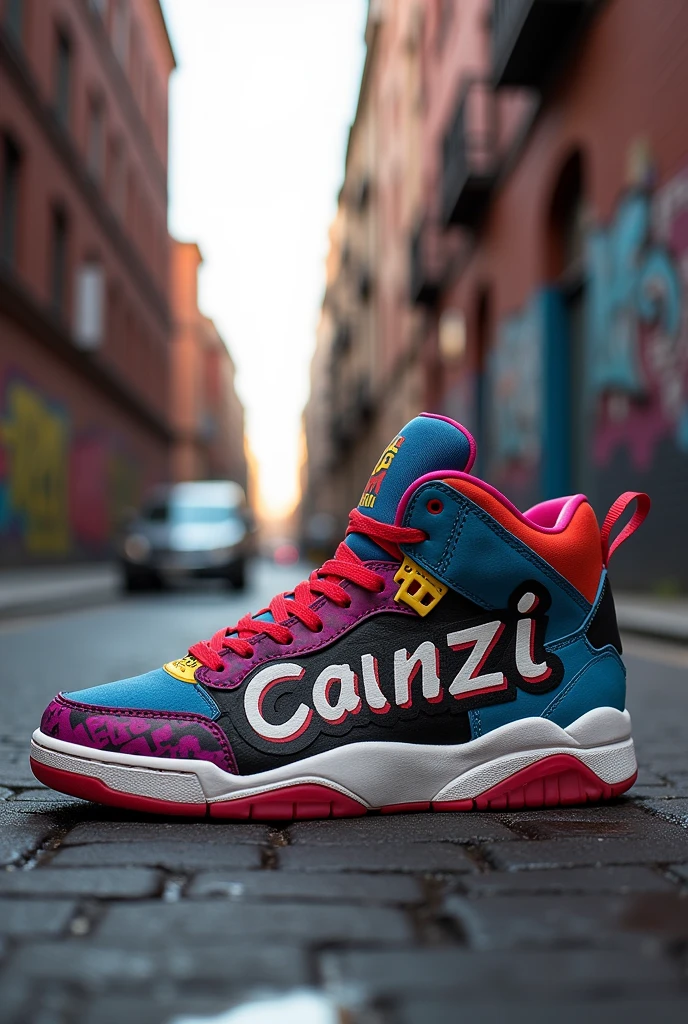 create a photo of a sneaker in the streetwear style written 'Canzi', to use as an example, and I don't have the Nike symbol
