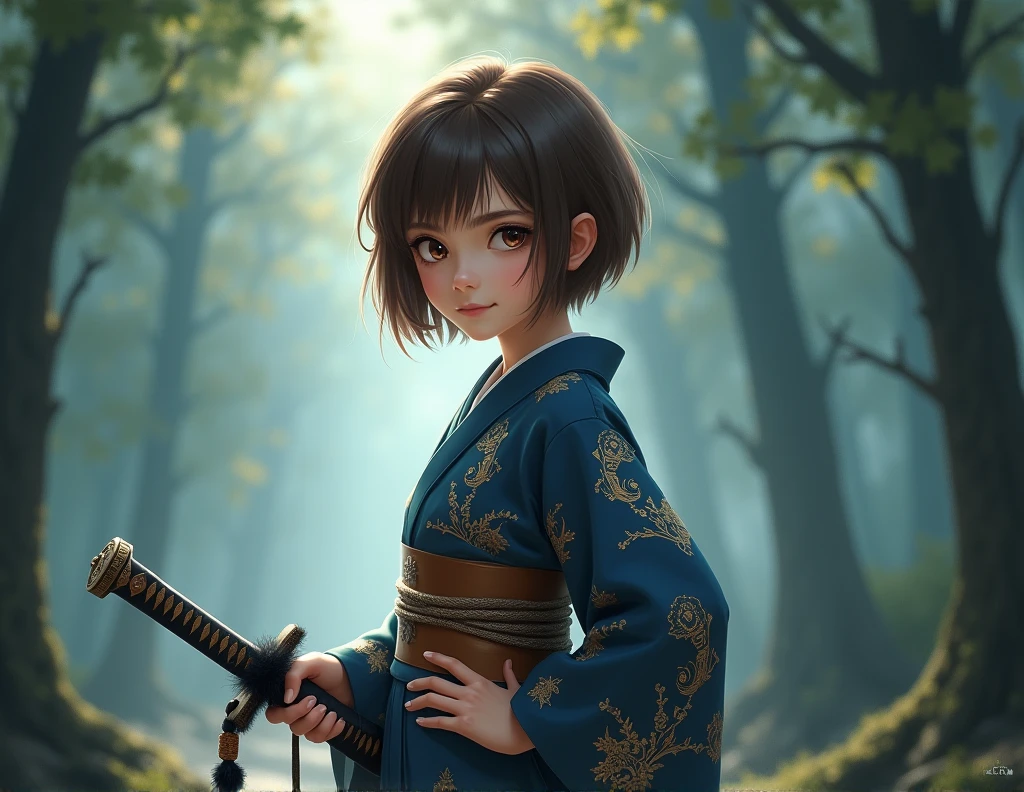 1 girl, Alone, japanese clothes, short hair, weapon, sword, Brown eyes, looking at the viewer, kimono, Brown hair, Lips, hand on hip, fault, smile, katana, black fur, Upper part of the body, Closed mouth, faulted, hand up
