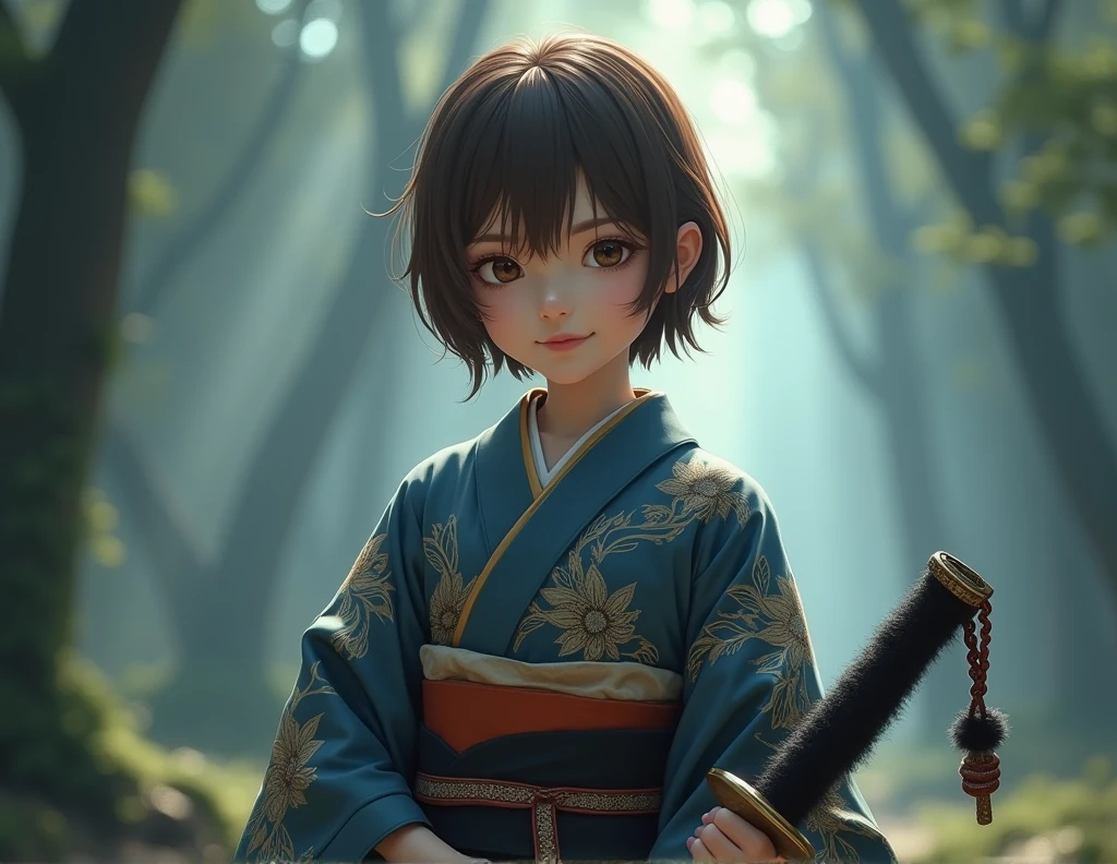 1 girl, Alone, japanese clothes, short hair, weapon, sword, Brown eyes, looking at the viewer, kimono, Brown hair, Lips, hand on hip, fault, smile, katana, black fur, Upper part of the body, Closed mouth, faulted, hand up