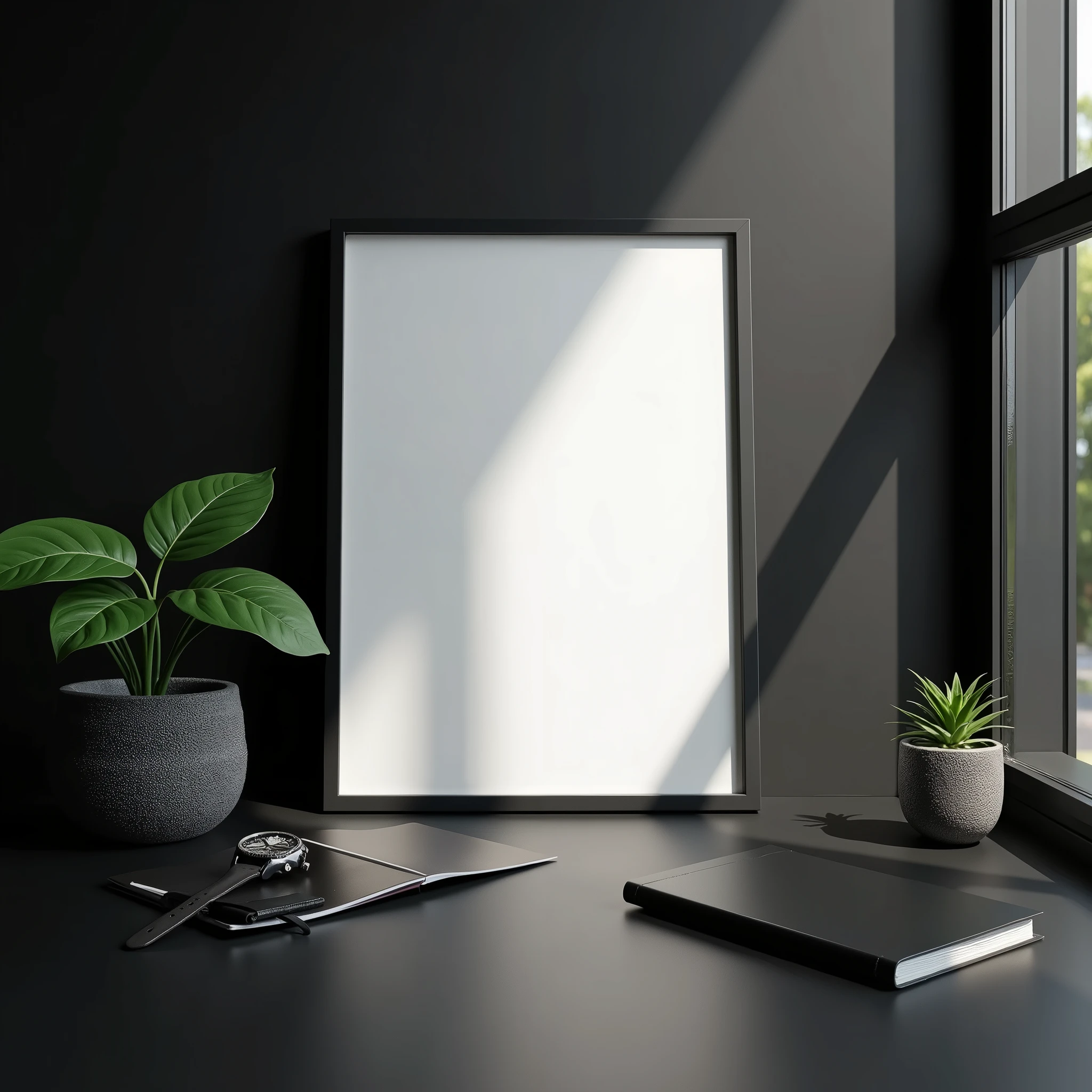 A4-sized black frame with a blank canvas, displayed in a modern interior with dark, sophisticated decor. The frame is placed against a matte black wall, accompanied by minimalist decorations, including a small plant in a textured pot, a wristwatch, and a sleek notebook, creating an elegant and refined atmosphere