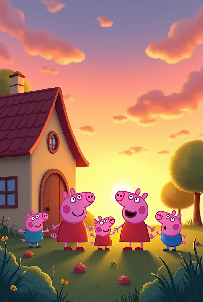 Peppa Pig scene but with a 2d sunset