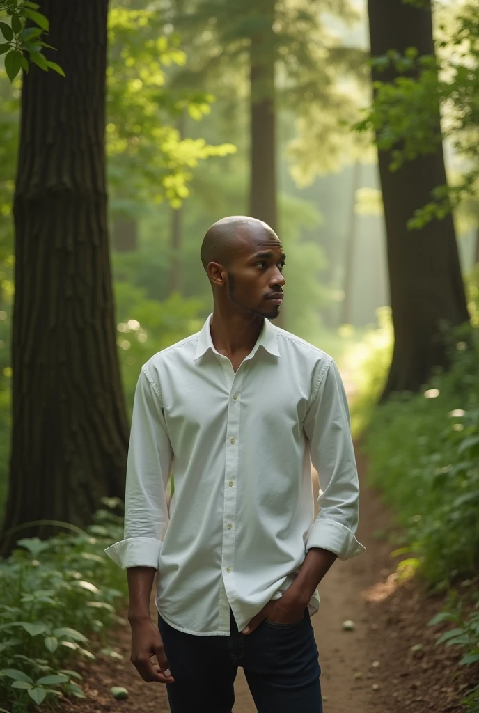 Create a photo of a 20 year old bald man standing in a forest (He is wearing a shirt.)