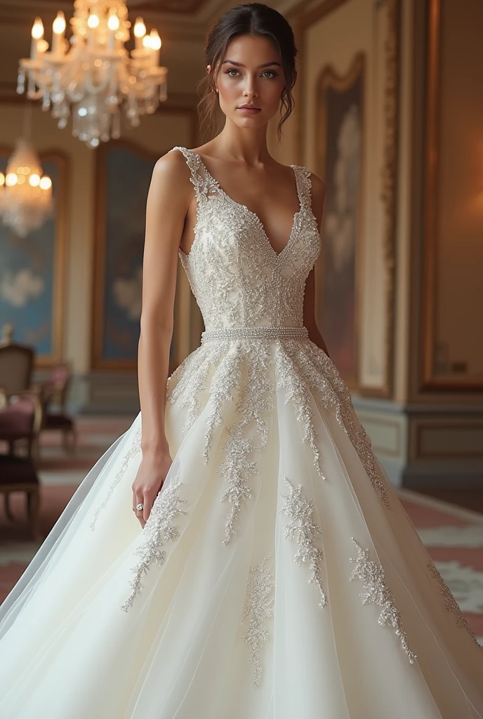 Créer moi une robe magnifique blanche , proche du corps , avec des motifs glamour et des perles et aussi des diamonds 