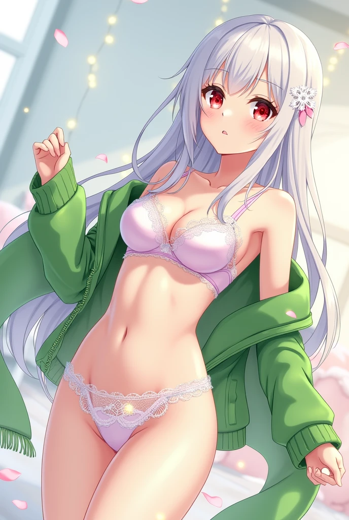 1 anime girl, by white, Red eyes, white eyelashes, in pink lingerie