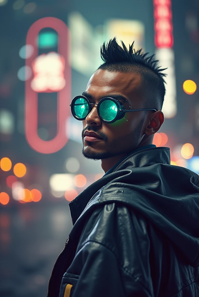 (appearance) a young man of South Asian race, with black hair, slightly narrow green eyes eyes, (suite) dressed in thick black old raincoat, opaque glasses of the future with luminous lenses, rimless bottom, (hairstyle) almost completely shaved head, shaved temples, In the middle is a mohawk, narrow and short mohawk, narrow mohawk with cutouts, (effects) 8k quality, sharp focus,fine details, HDR, realism, realistic, key visual, film still, cinematic color grading, depth of field, background cyberpank 2077, Night, neon light, (emotional) a stern face, with glowing eyes, A face in partial shade, expressive look, expressive face, sci-fi, telephoto shot, chromatic aberrations, tilt-shift effect, light leaks, expressive narrow eyebrows, narrow chin, adult face