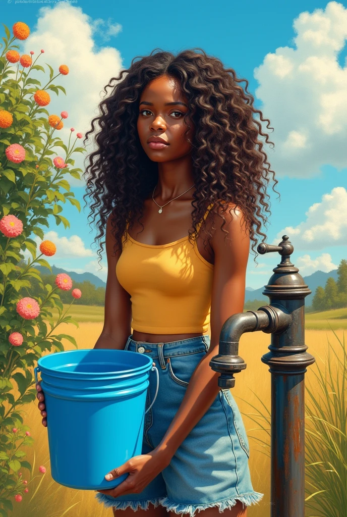  A beautiful African fair in complexion with a long curly full hair teenage girl. Holding a bucket and standing near a tap outside on a sunny afternoon.realistic paint 