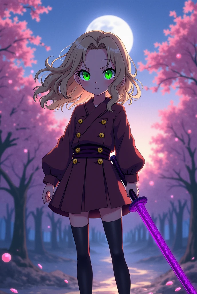 Captura de pantalla de kimetsu no yaiba. A girl with phosphorescent green eyes, beige loose wavy hair,let it be tender, in the demon slayer uniform, and that the uniform be brown with single-row yellow buttons, that she has long stockings and a purple katana, that they are 18 years old
