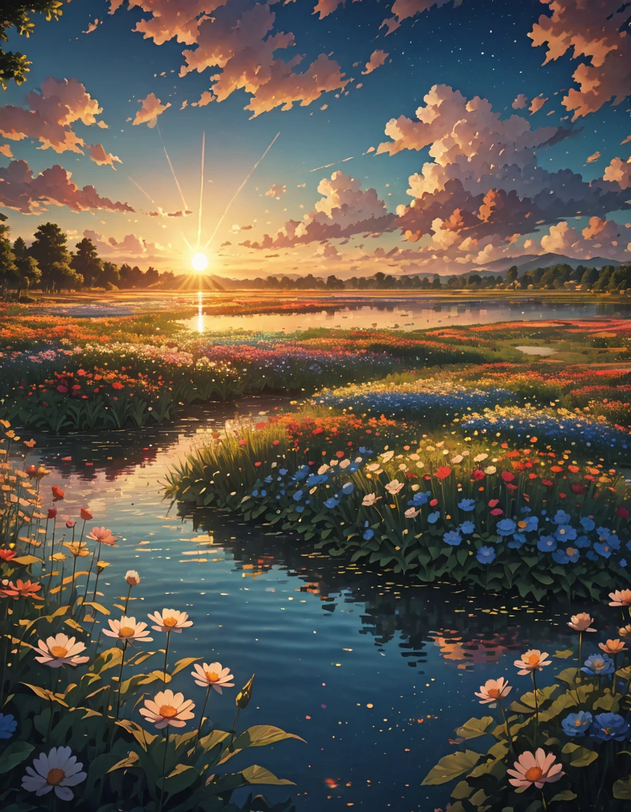Sunset, lake, Flower Fields, meadows, bright sun, enough!!!!!!!blue sky, stars, big clouds, 4k, Awesome, sharp, intricate details, (High resolution: 1.5), crowded, plants in water flowers, tall grass, detailed plants and trees
