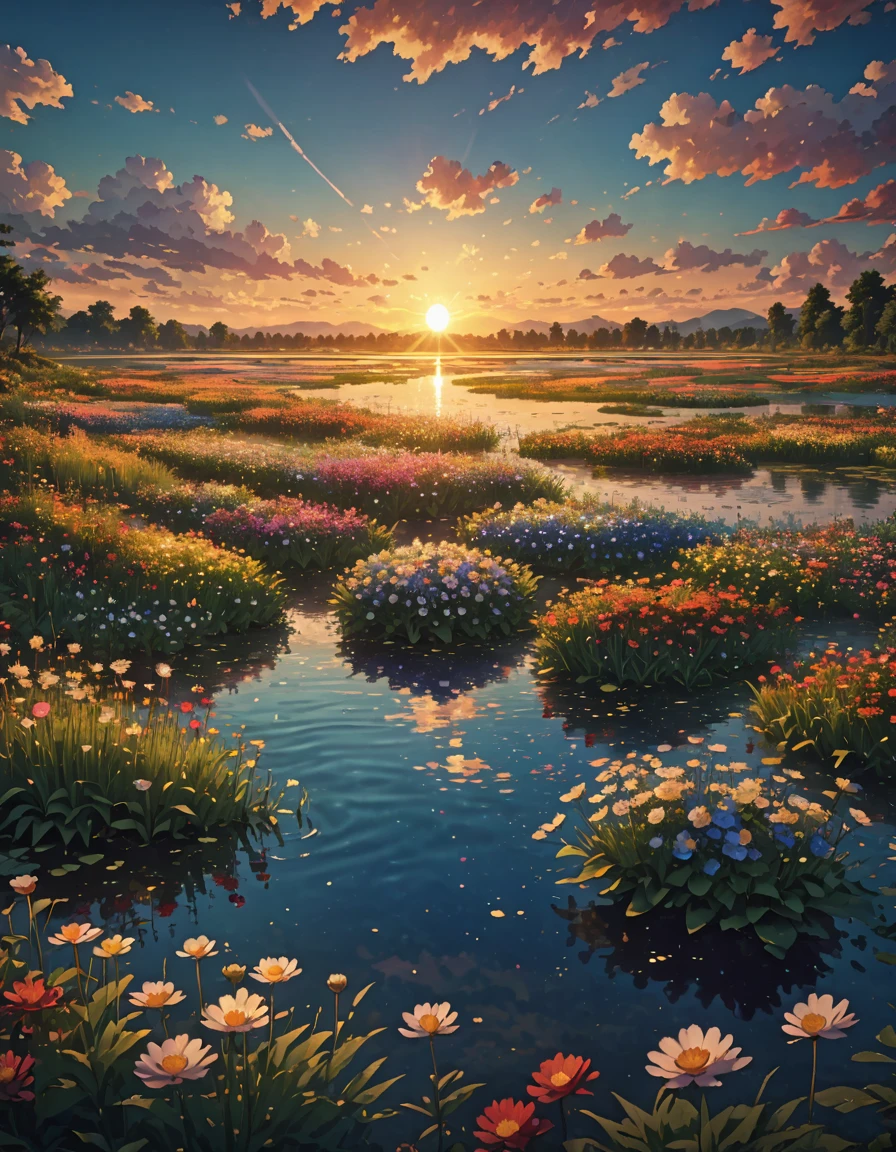 Sunset, lake, Flower Fields, meadows, bright sun, enough!!!!!!!blue sky, stars, big clouds, 4k, Awesome, sharp, intricate details, (High resolution: 1.5), crowded, plants in water flowers, tall grass, detailed plants and trees
