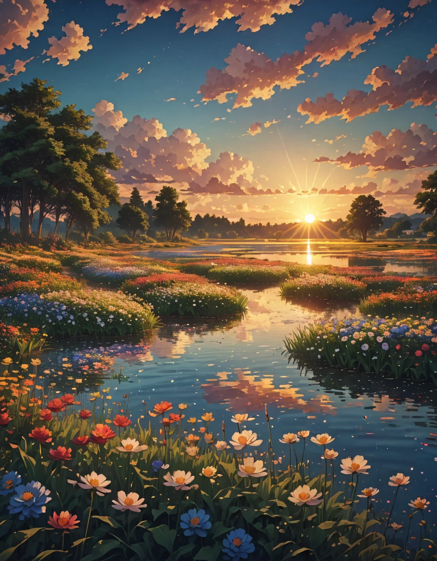 Sunset, lake, Flower Fields, meadows, bright sun, enough!!!!!!!blue sky, stars, big clouds, 4k, Awesome, sharp, intricate details, (High resolution: 1.5), crowded, plants in water flowers, tall grass, detailed plants and trees

