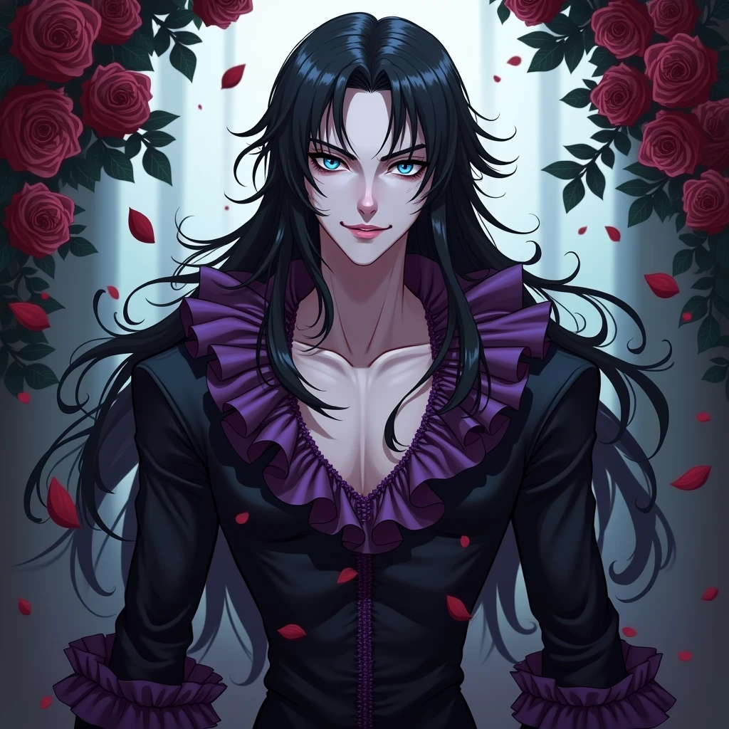 A sexy young male, black long hair, teal blue eyes. Gothic clothes. (Male) (no facial or body hair)) masterpiece, best quality, ultra-detailed, best shadow), (detailed background) (Purple and black) pretty handsome. Sexy Cute. No facial hair. No body hair. Wink. Seductive. Sexy. Pale and white skin. Smirking. Anime style. Blood. Vampire. Sexy. Death note style. Pink lips. SENSUAL. Purple and black gothic frilly clothes. Long lashes. Sexy pose.