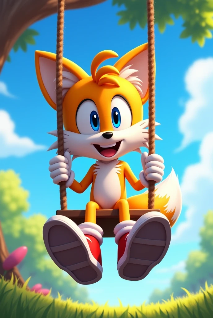 Tails Prower, Miles Prower, solo, looking at viewer, smile, 1boy, sitting on a swing full body, 2d animation with his shoes and gloves on 