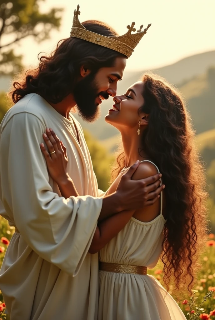 I created an image with me hugging Jesus, on his chest, with my hands on his face, I am evangelical, I have long, curly hair, I have brown skin, my smile is beautiful, I don't have crooked teeth, I want a pure and beautiful dress, appropriate attire, my eyes are dark brown, my hair is very curly, but he's not that smooth, and it's very long, my nose is a little thin and a little rounded, may Jesus be with your crown, as if he were taking care of me, in a calm and simply beautiful place