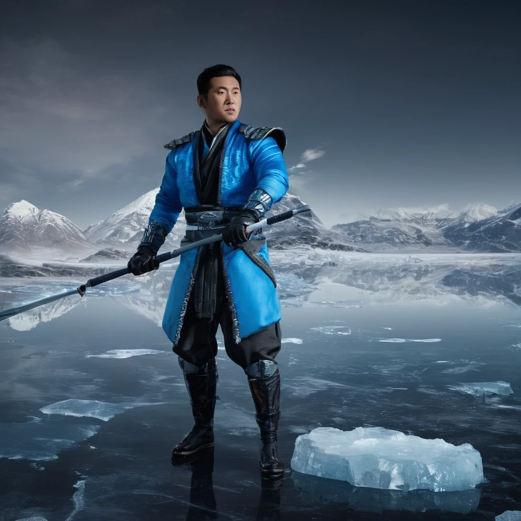 Wide angle shot of an Asian Sub-Zero Bi-Han man holding a spear made of ice and wearing a blue nija jacket with black details Sub-Zero style KuaiLiang is standing on a frozen lake, ice scattered minimally on the frozen lake, blue and white color layers in the background, giving a gray and white color gradation in the scene, color gradation reminiscent of the movie Interstellar epic cinematic lighting, artgerm style, 32k, ultra HD, rendered by unreal engine, hyper-realistic image, --auto --s2