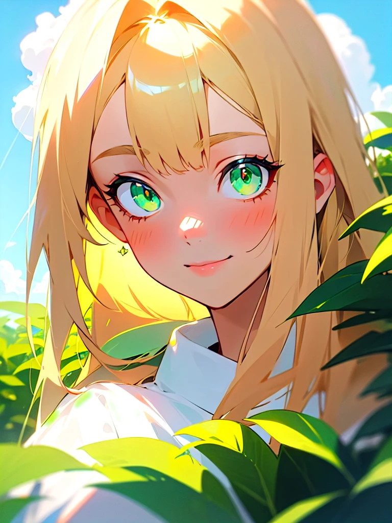 beautiful cute and gentle girl, blonde hair, green emerald eyes are glowing, hiding in the shrubs, shiny azure background with sky and clouds, mysterious look with gentle smile, blur and soft colors, non-portrait