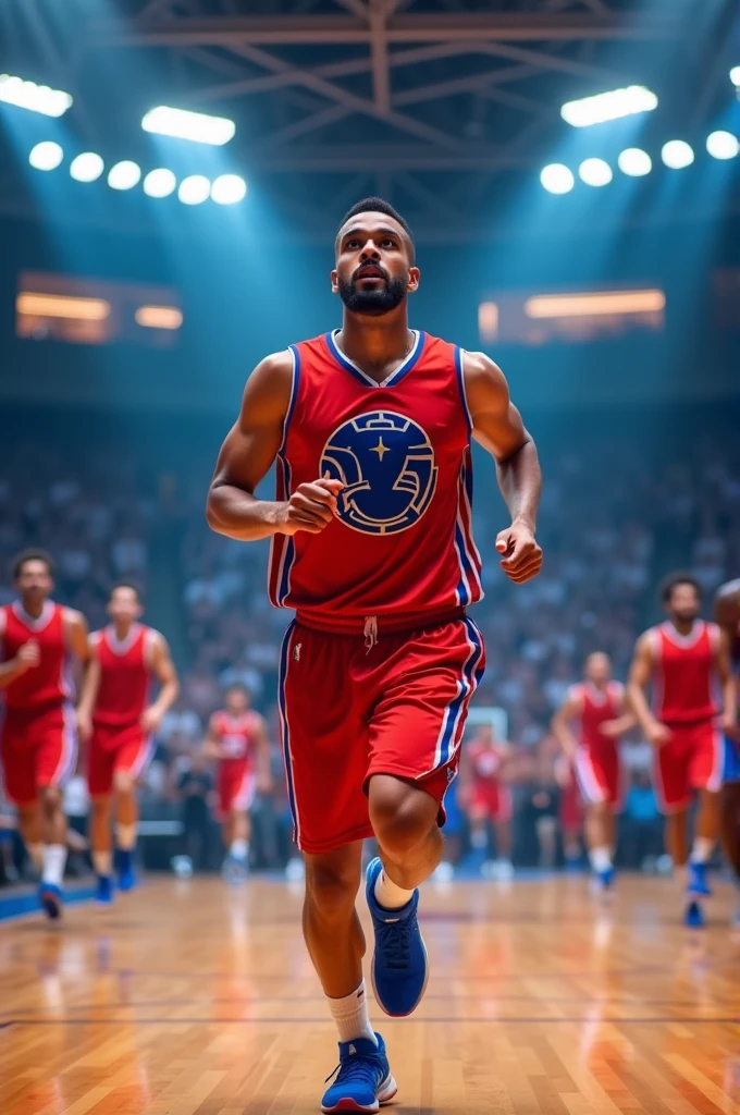 Red and blue basketball uniform