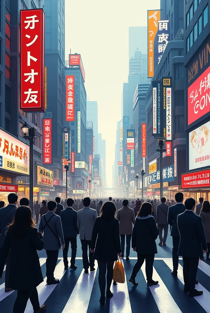 Shibuya Scramble Crossing,Ink Painting, Great composition, Realistic lighting, HD detailed, masterpiece, Highest quality, (High-definition CG synthesis 8k wallpaper)