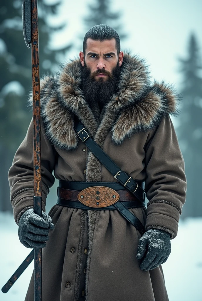 A young bearded hunter, stark, wearing winter animal fur clothes and a spear, From the Middle Ages
