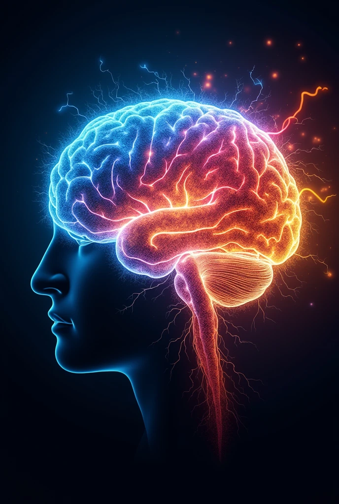 Cerebral Cortex in Action**: An artistic representation of the activated cerebral cortex, with different areas of the brain illuminated in distinct colors, symbolizing different mental functions like creativity, logical reasoning and memory.