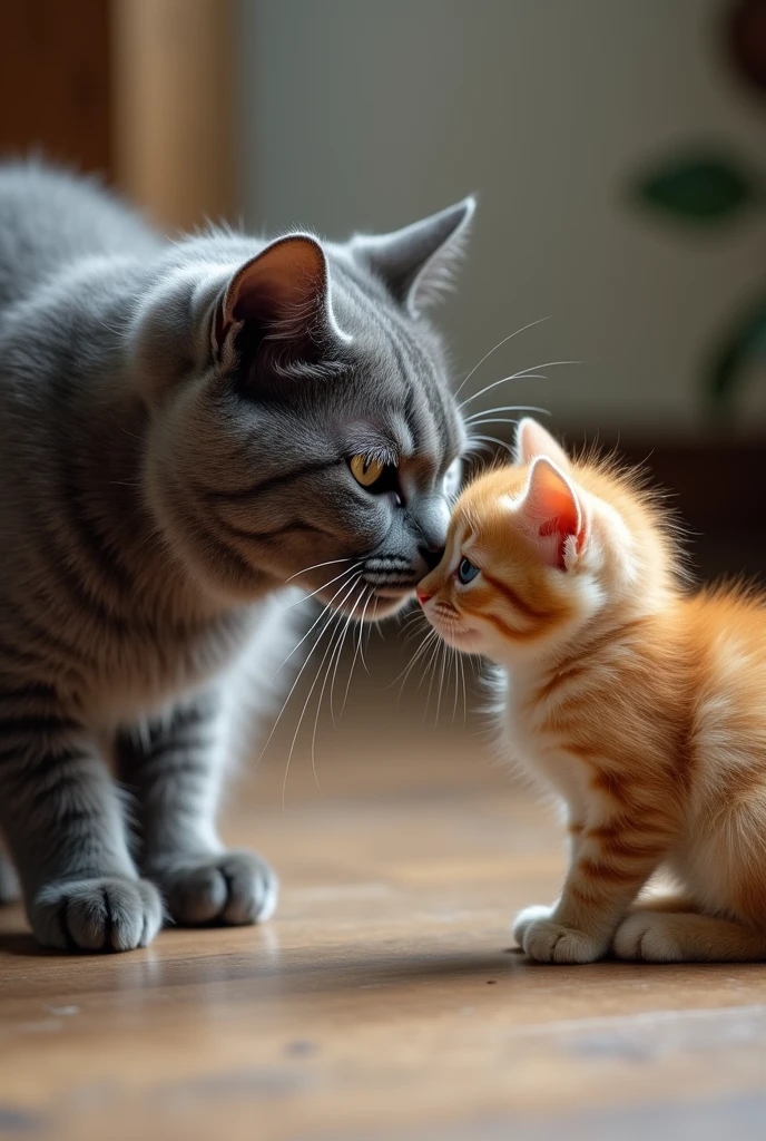  Just when A tiny orange kitten seems to be losing hope, a gray adult cat (its mother) appears, approaching the tangled kitten with a calm and protective demeanor.