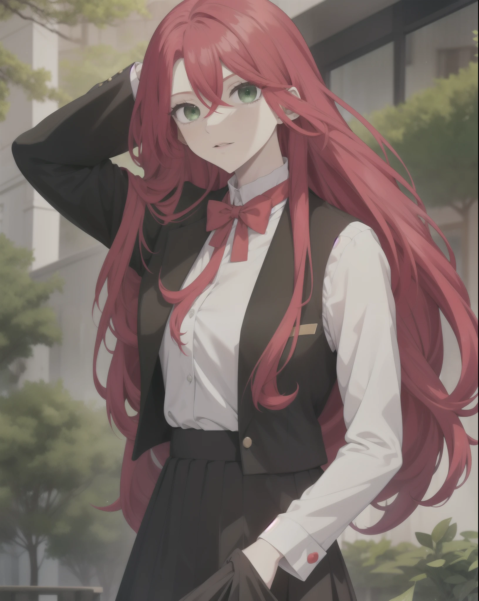 amy, long hair, red hair, green eyes, suit with long skirt, white shirt
