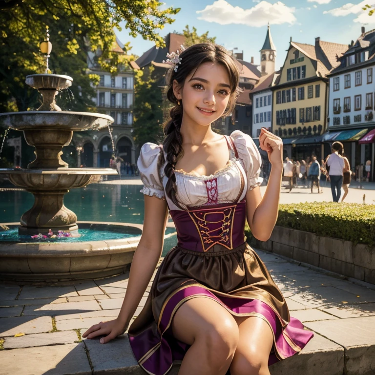 (masterpiece, best quality:1.5), highest quality, High resolution, super detailed, Realists, Transformation Story. Magic in the air, Upper body photo of a boy transformed into a 16-year-old black-haired girl, detailed and beautiful eyes, beautiful detailed lips, very detailed eyes and face, longeyelashes, A 16-year-old girl in a beautiful short shiny satin Dirndl, Details in the dress fabric, Beautiful and colorful makeup, elegant and noble々Pose, Sharpen the hair, ponytail hairstyle, Munich as a backdrop, bright daylight, bright colors, fine brushstrokes, Portrait style, beautiful color palette, glowing skin, First-class rendering, that captures every detail, enchanting atmosphere, (perfect anatomy:1.2), (The stunning girl is wearing a beautiful short silver Dirndl. smiling in love and full of joy for the festival, nice legs. She sits on the fountain and presents, happy. A boy throws a coin into the fountain and wishes to be a girl, and his wish comes true. He transforms into a young girl in a beautiful Dirndl and is happy with flushed cheeks when he sees his friend. She looks incredulously at her skirt and is happy. The girl stands and dances with joy (magnificent panorama view:1.2)