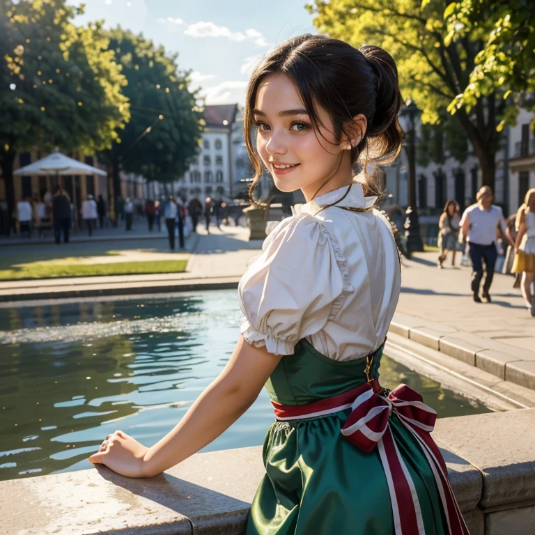 (​masterpiece, best quality:1.5), highest quality, High resolution, super detailed, Realists, Transformation Story. Magic in the air, Upper body photo of a boy transformed into a 16-year-old black-haired girl, detailed and beautiful eyes, beautiful detailed lips, very detailed eyes and face, longeyelashes, A 16-year-old girl in a beautiful short shiny satin Dirndl, Details in the dress fabric, Beautiful and colorful makeup, elegant and noble々Pose, Sharpen the hair, ponytail hairstyle, Munich as a backdrop, bright daylight, bright colors, fine brushstrokes, Portrait style, beautiful color palette, glowing skin, First-class rendering, that captures every detail, enchanting atmosphere, (perfect anatomy:1.2), (The stunning girl is wearing a beautiful short silver Dirndl. smiling in love and full of joy for the festival, nice legs. She sits on the fountain and presents, happy. A boy throws a coin into the fountain and wishes to be a girl, and his wish comes true. He transforms into a young girl in a beautiful Dirndl and is happy with flushed cheeks when he sees his friend. She looks incredulously at her skirt and is happy. The girl stands and dances with joy   (magnificent panorama view:1.2)