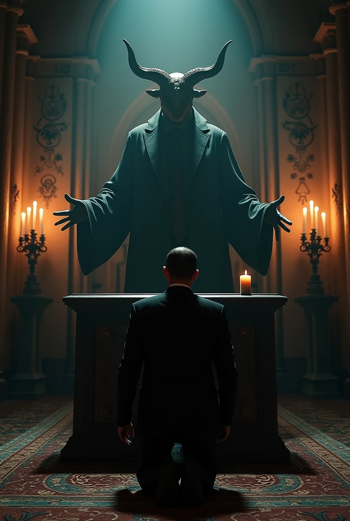 arafed man in a suit and tie kneeling next to a goat head, ron desantis as satan, satanic church interior, satanic ritual, lucifer, with horns, scary horrifying satanic rituals, making a deal with the devil, satanism, he's very menacing and evil, lucifer the star, moloch, an evil catholic priest, satanicarafed man in a suit and tie kneeling next to a goat head, a picture inspired by Sava Šumanović, trending on tumblr, fine art, ron desantis as satan, satanic church interior, satanic ritual, lucifer, with horns, scary horrifying satanic rituals, making a deal with the devil, satanism