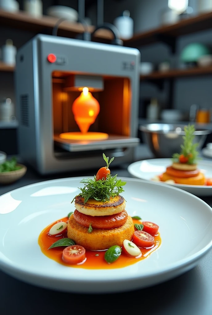 Image of a gourmet dish using a 3D printed care, with precise details and modern appearance, or a working 3d printer, creating a colorful and innovative food.


