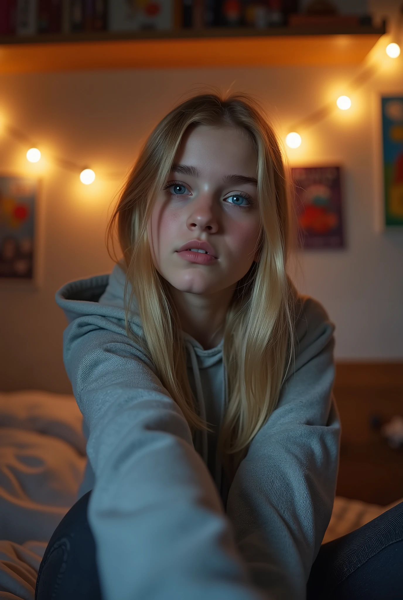 create girl, nordic, super Straight hair average looking blonde, blue eyes, looking directly into camera, upper body selfie, wearing casual clothes, side view, at home, night