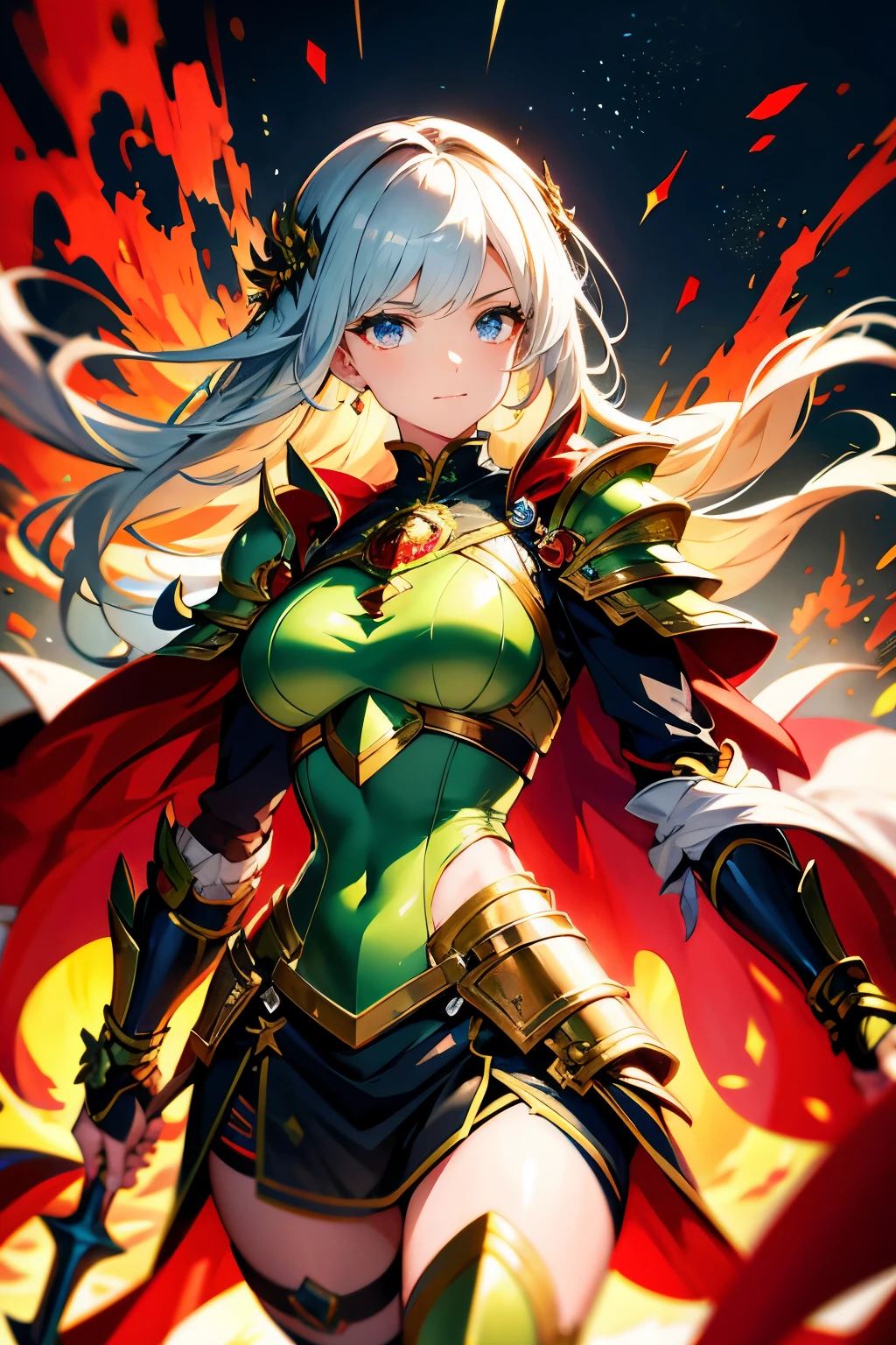 ANIME STILE, In the realm of anime, a 27-year-old woman with a distinctive appearance stands out. Her hair, a vibrant green, is adorned with small bars, adding a unique touch to her style. She is clad in heavy armor, a silvery suit that gleams under the light, with intricate red detailing, creating a visually striking contrast. The armor includes greaves and plates, each piece meticulously crafted and polished to perfection. Over her shoulder, a flowing red cloak, catching the wind and fluttering, while her eyes, as red as her cloak, glow with an unknown intensity. With this dazzling sight,