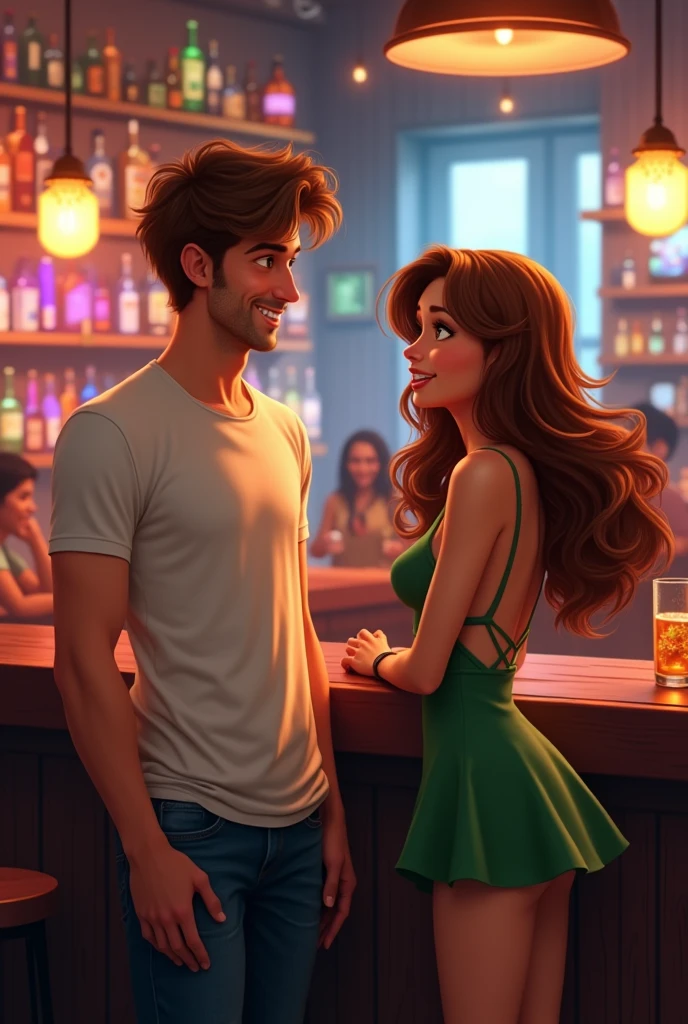 A young man with white t-shirt and jeans , brown hair and green eyes talking to  a gorgeous girl with brown hair and green eyes wearing a green short dress in a bar , pixar style, cinematic, masterpiece, high-aesthetic, realistic 