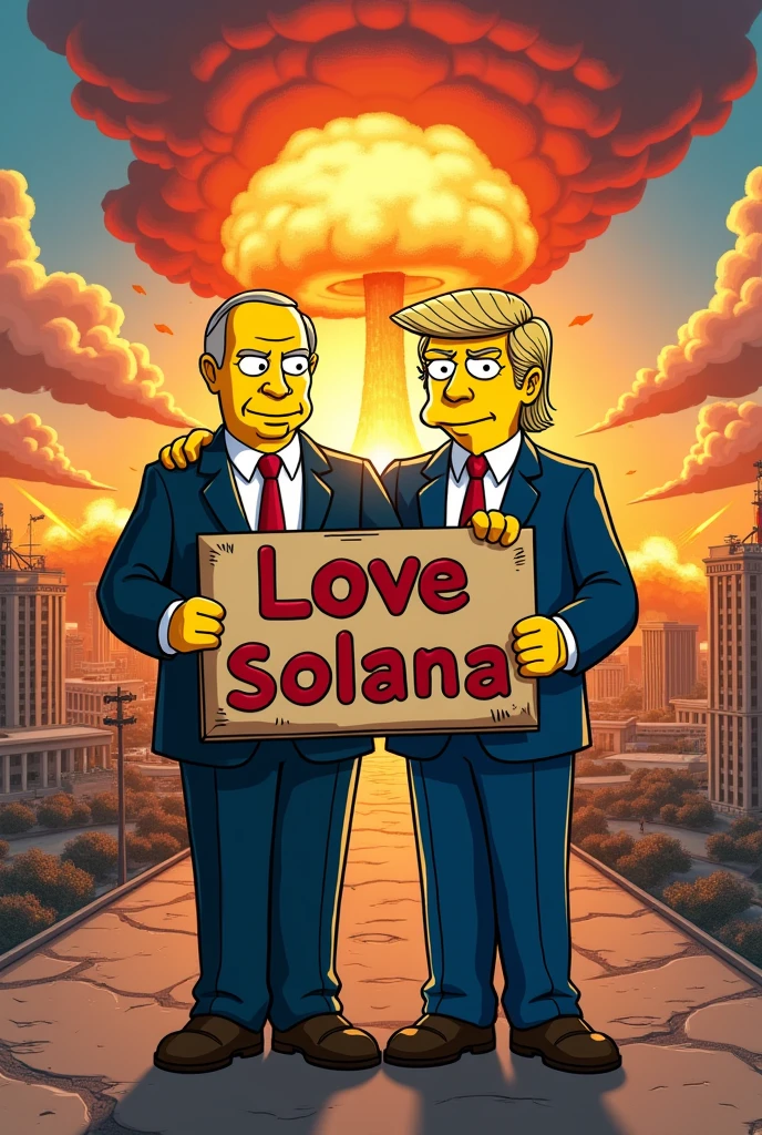 Vladimir Poutine, Donald Trump holding a sign that says "love solana" and Chinese President Xi against the backdrop of'apocalypse with nuclear weapons, bomb, Simpsons style, epic, yellow skin, 8k