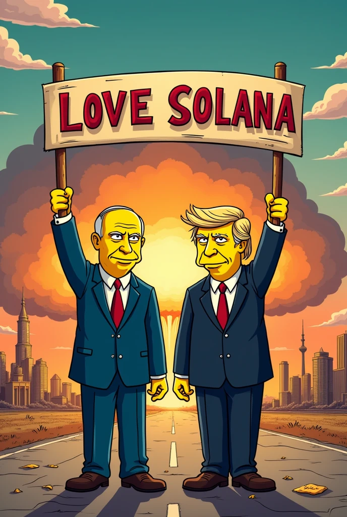 Vladimir Poutine, Donald Trump holding a sign that says "love solana" and Chinese President Xi against the backdrop of&#39;apocalypse with nuclear weapons, bomb, Simpsons style, epic, yellow skin, 8k  