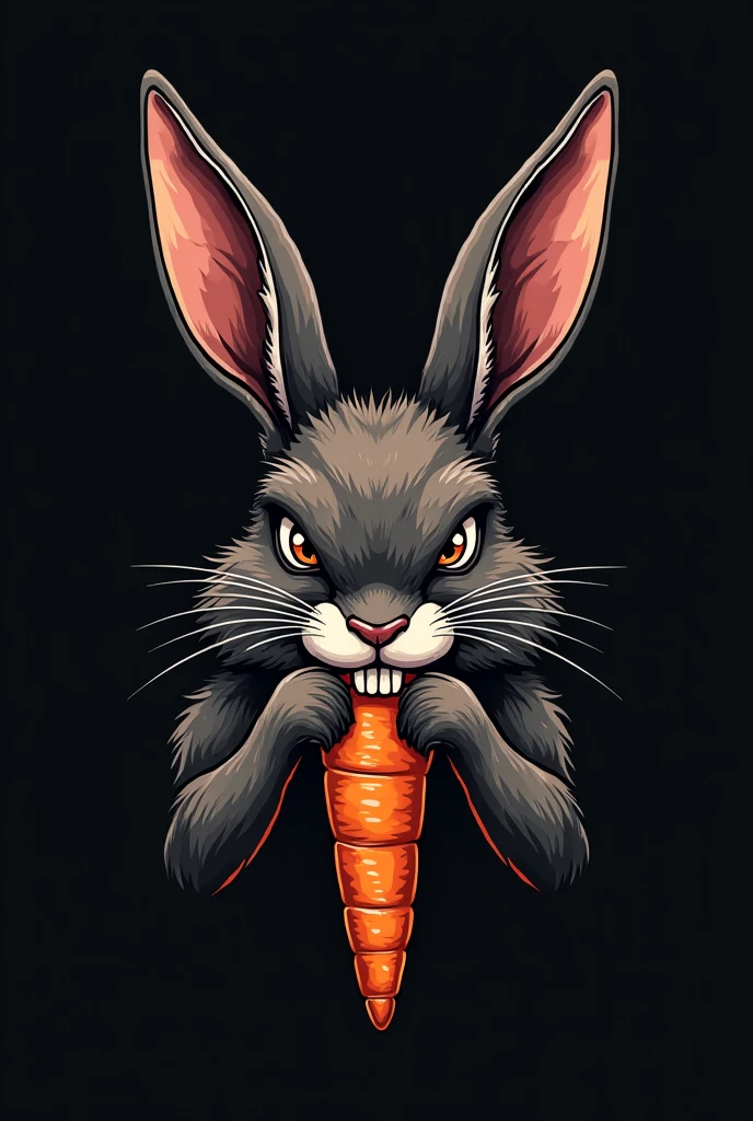 a tattoo logo, a gangster rabbit doing a "G-shape", minimalist theme, angry mode, eating a carot, dark colored, best picture quality, highly detailed, ultra resolution