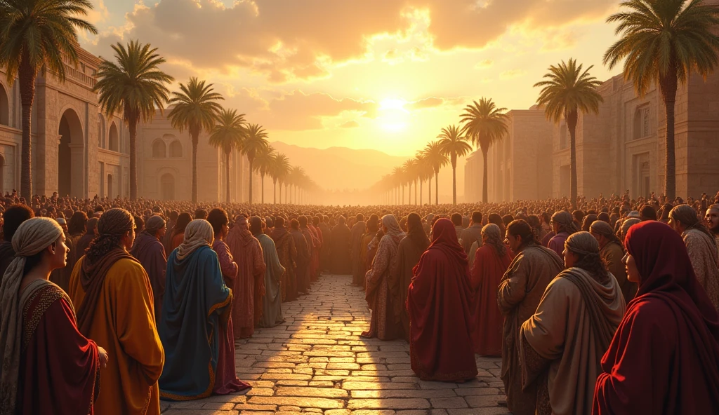 A picture of the people of Nineveh all prostrating to God in a large square, after they believed in the call of Jonah. 