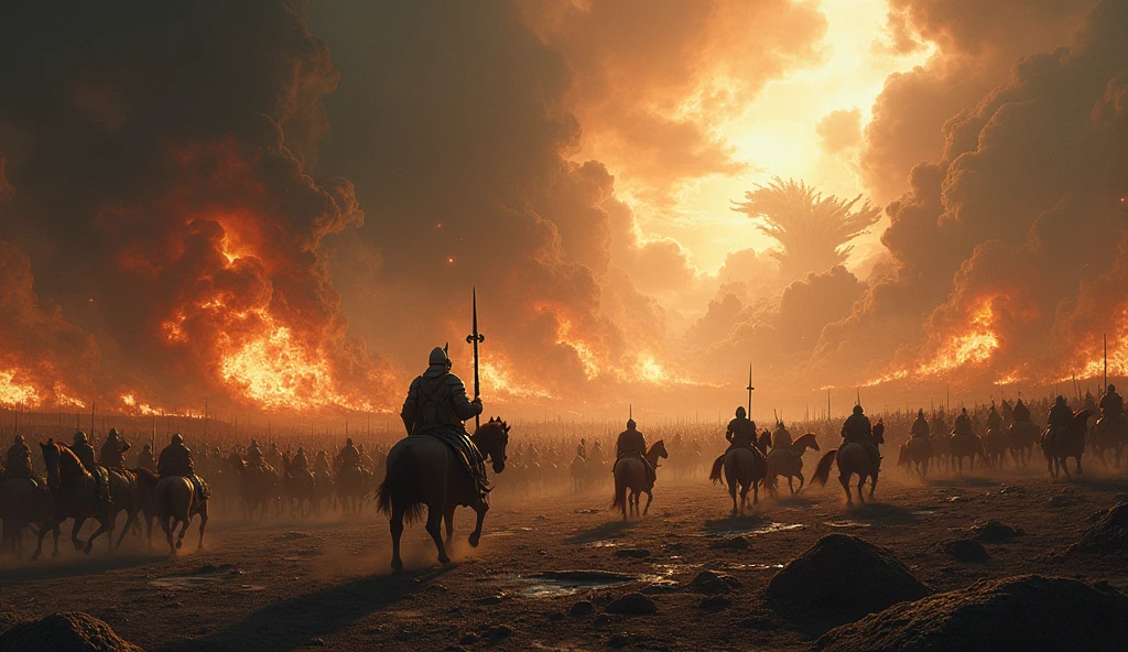 A dramatic and intense scene of armies gathering and clashing in the epic Battle of Armageddon. Vast legions of soldiers, knights, and warriors from various factions are depicted assembling on a sprawling, desolate battlefield under a stormy, ominous sky. The ground is marked by scars of previous skirmishes, with weapons and armor reflecting the dim, turbulent light. In the midst of the chaos, leaders and generals rally their troops, preparing for the final confrontation between good and evil. Explosions and flashes of light punctuate the scene, while mythical creatures and celestial beings can be seen engaging in combat alongside the human forces. The overall atmosphere is one of fierce conflict and apocalyptic drama, embodying the ultimate struggle foretold in prophecy.