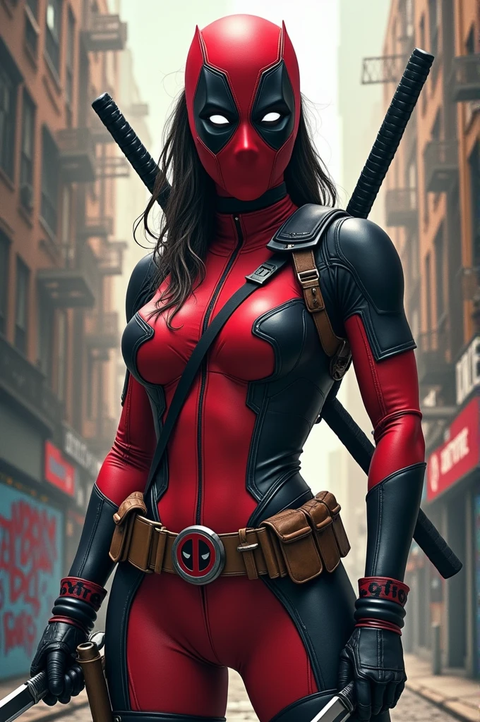 Make a picture of Deadpool as a woman with beautiful curves in a tight suit 