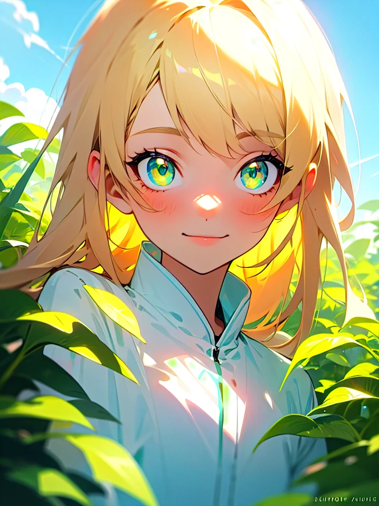 beautiful cute and gentle girl, hiding in the shrubs, blonde hair, green emerald eyes are glowing, shiny azure background with sky and clouds, mysterious look with gentle smile, blur and soft colors, non-portrait