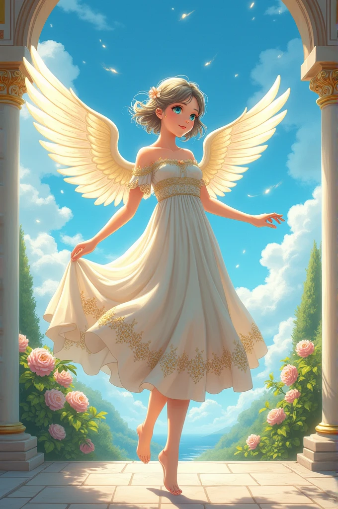 short flowing hair she has heterochromatic eyes, with light blue eyes. Draw a upper class young girl in a roman dress with slanted eyes in ((anime style)) hovering by her wings