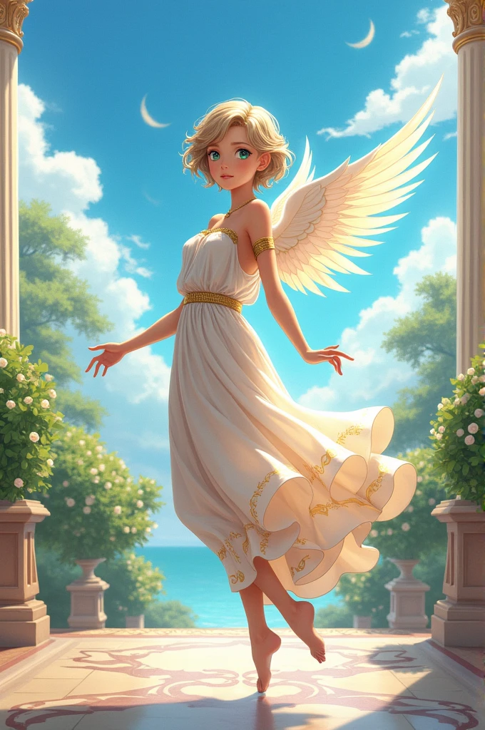 short flowing hair she has heterochromatic eyes, with light blue eyes. Draw a upper class young girl in a roman dress with slanted eyes in ((anime style)) hovering by her wings