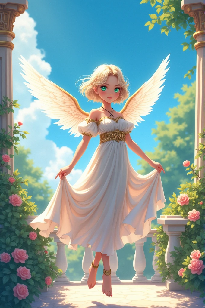 short flowing hair she has heterochromatic eyes, with light blue eyes. Draw a upper class young girl in a roman dress with slanted eyes in ((anime style)) hovering by her wings