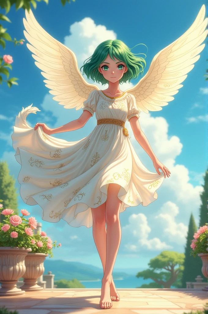 short flowing hair she has heterochromatic eyes, with light blue eyes. Draw a upper class young girl in a roman dress with slanted eyes in ((anime style)) hovering by her wings