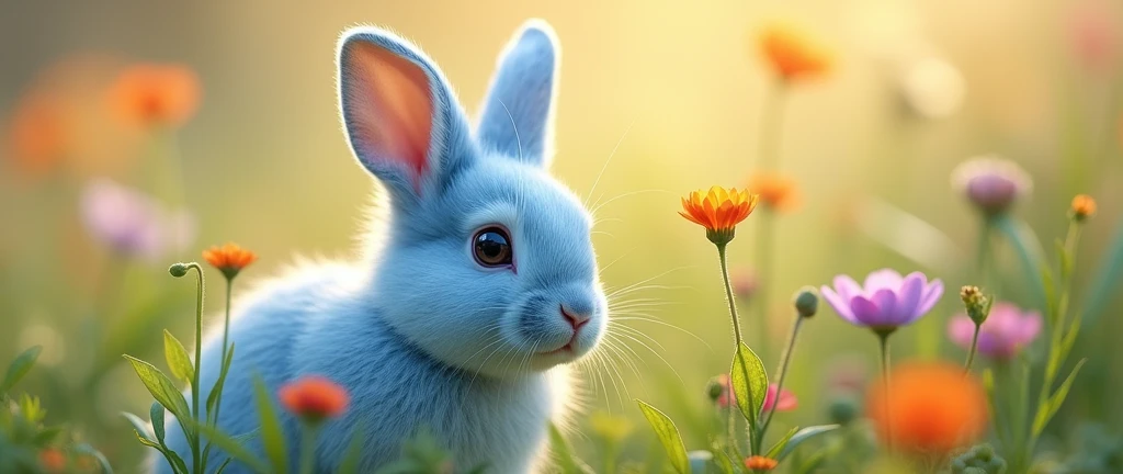 (translation:1.25), ((Fluffy and round, blue rabbit:2.0, Genuine:1.2, Realistic:1.2, wild rabbit)),translation,cute, baby, beautiful, Deviant art, A photo taken by the world's best photographer, Aligned on the right,