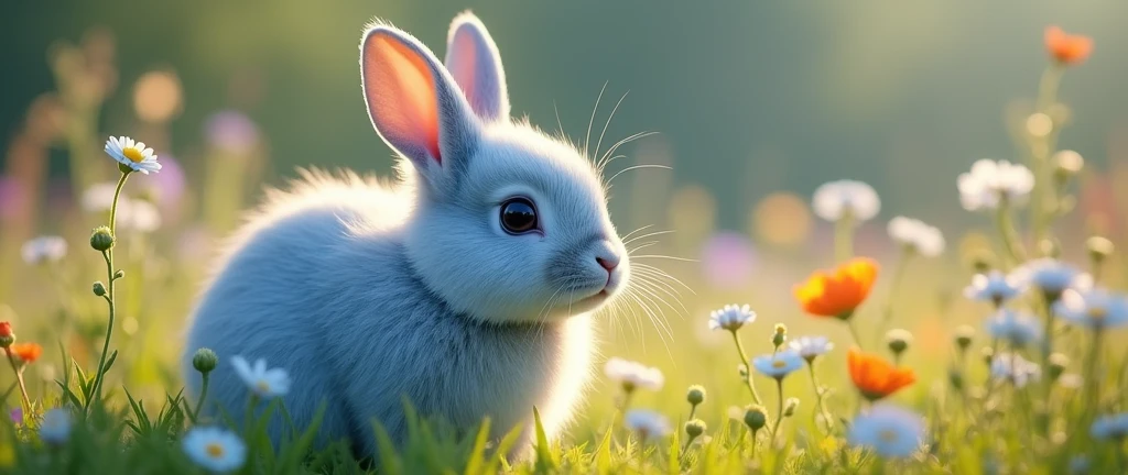 (translation:1.25), ((Fluffy and round, blue rabbit:2.0, Genuine:1.2, Realistic:1.2, wild rabbit)),translation,cute, baby, beautiful, Deviant art, A photo taken by the world's best photographer, Aligned on the right,