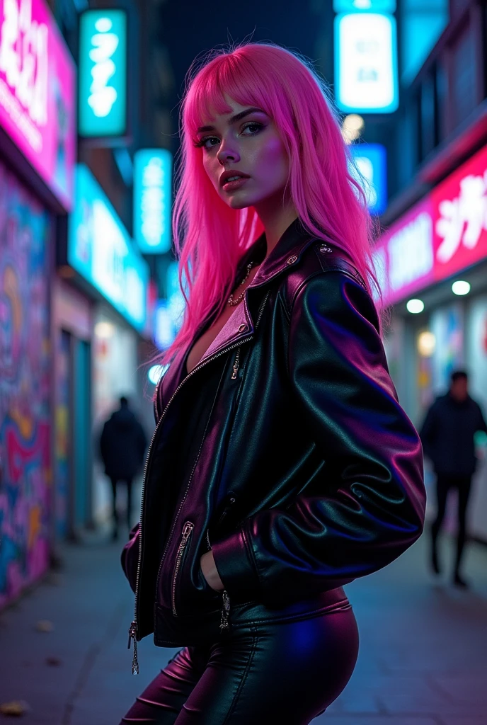 E-girl,Pink hair, naked ,black jacket, neon midnight city background,