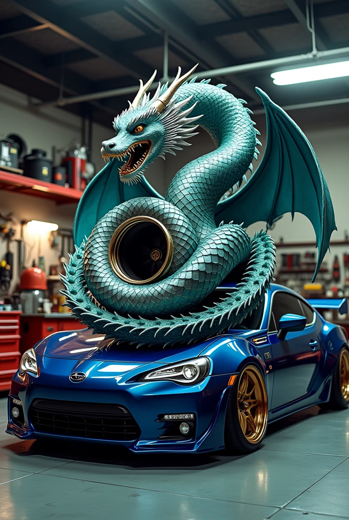 Draw a turbo and a dragon wrapping around the turbo and add some Japanese style,ok ali turbo pravi,not with dragon scales in green,ali pravi turbo,you know what a turbo is,You're close,super je al samo promjeni facu,won't be mad,Add a Subaru Impreza Hawkeye below,now let it be in the garage,not in Japan,zmaj iza subarua sa velikim turbom