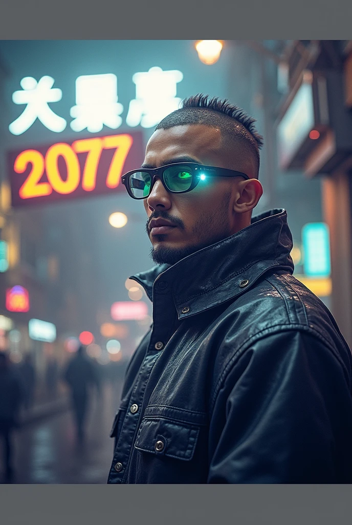 (appearance) a young man of South Asian race, with black hair, slightly narrow green eyes eyes, (suite) dressed in thick black old raincoat, opaque glasses of the future with luminous lenses, rimless bottom, (hairstyle) almost completely shaved head, shaved temples, In the middle is a mohawk, narrow and short mohawk, narrow mohawk with cutouts, (effects) 8k quality, sharp focus,fine details, HDR, realism, realistic, key visual, film still, cinematic color grading, depth of field, background cyberpank 2077, Night, neon light, (emotional) a stern face, with glowing eyes, A face in partial shade, expressive look, expressive face, sci-fi, telephoto shot, chromatic aberrations, tilt-shift effect, light leaks, expressive narrow eyebrows, narrow chin, adult face, in un orecchio 2 Piercing