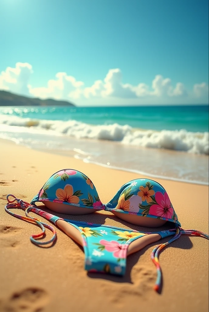a bikini lying on the sand at an angle, seen from above